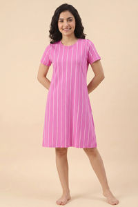 Zivame Thin Stripes Knit Cotton Knee Length Nightdress - Spring Crocus — thumbnail 1